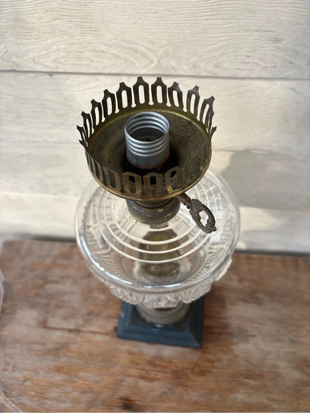 VTG glass table lamp features a converted kerosene lamp design with a brass burn